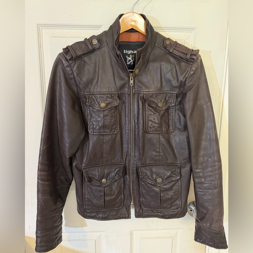 Tigha Buffalo Leather Jacket Mens Small Brown Slim Fit